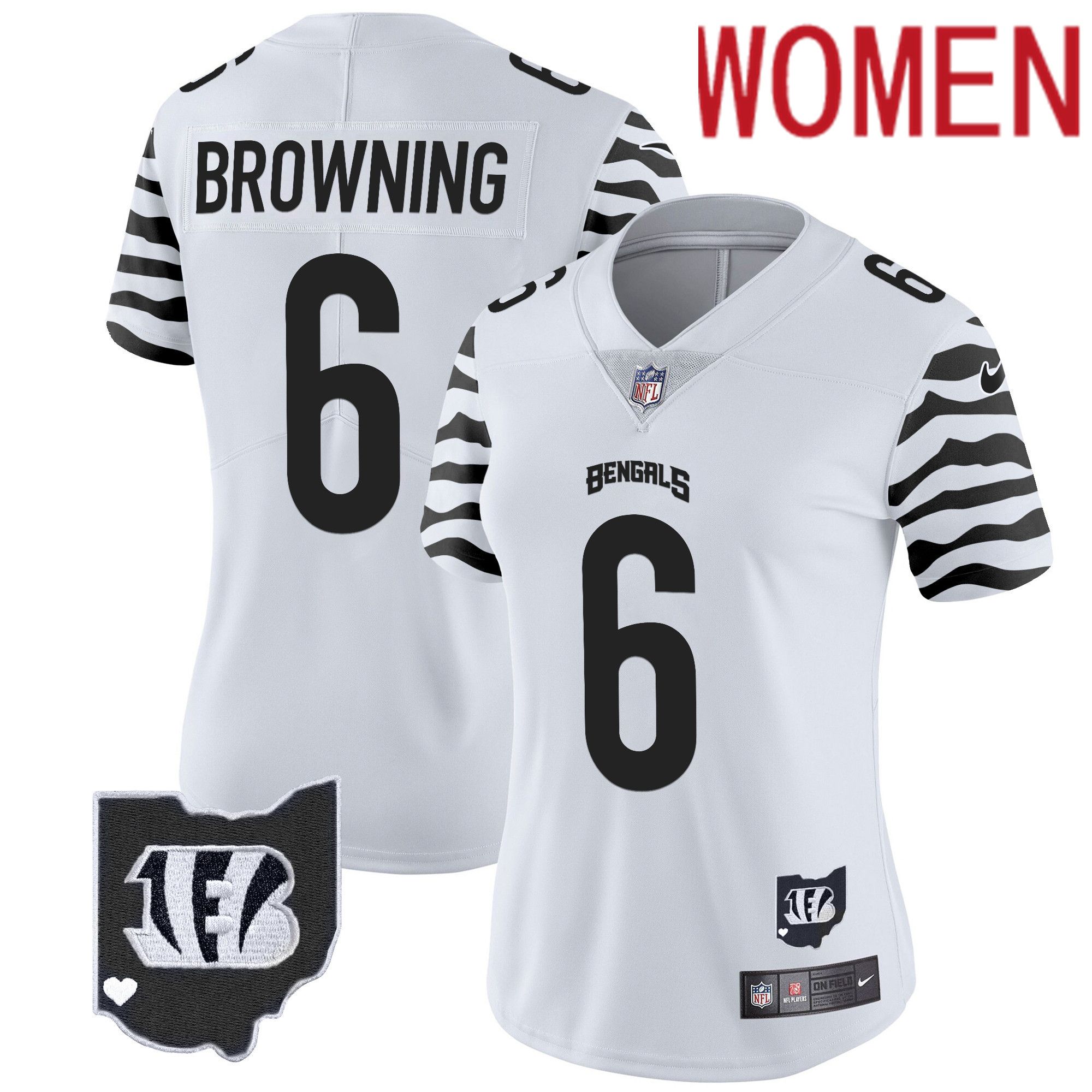 Women Cincinnati Bengals #6 Browning White 2024 Nike Stripes Vapor Limited NFL Jersey